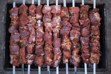 Fried kebab on a homemade grill, with smoke, with a shallow depth of field