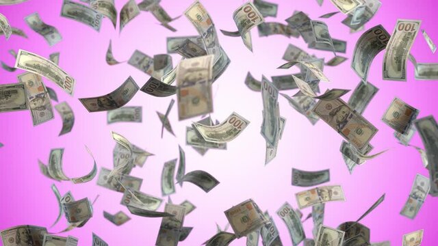 Dollar falling isolated on pink background with alpha channel. 3d perspective view of dollar currency. 3d
