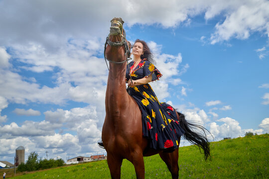 Beautiful gypsy girl on a horse in field with green glass in summer day and blue sky and white clouds background. Model in ethnic dress posing with farm animal