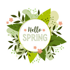 Spring flower background. Hello spring text in white circle frame