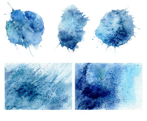 Set of watercolor water elements: spots, splashes and backgrounds