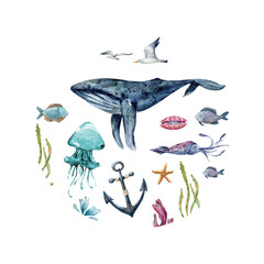 Watercolor illustration of whale, jellyfish, fishes and others elements of the underwater world in a round frame
