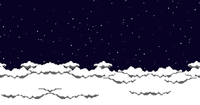 Animation of stars and clouds. Pixel art background. 8bit vector game loop
