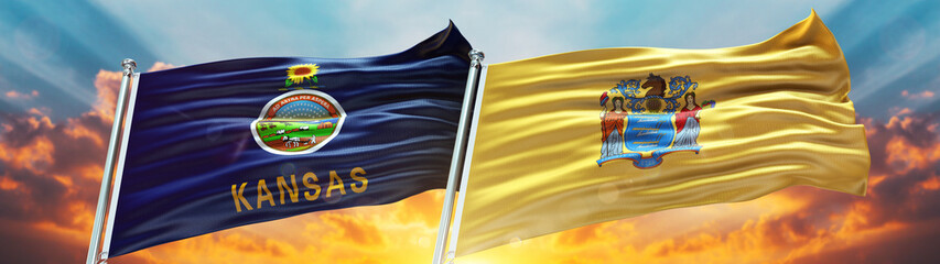 New Jersey flag and Kansas flag States of America waving with texture sky Cloud and sunset double flag 
