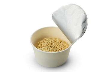 Uncooked instant noodles in paper cup isolated on white background