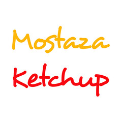 Logotipo con texto manuscrito Mostaza y Ketchup en español escrito a mano en rojo y amarillo