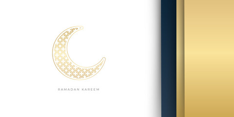 Ramadan Kareem vector card with 3d blue white golden metal crescent, hanging stars, paper cut clouds, mosque. Arabic style arch with traditional pattern. Copy space. 