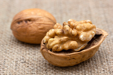 Fresh walnuts on burlap. Healthy food.