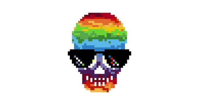 Skull animation with glasses. Pixel art 8 bit Loop