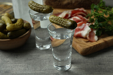 Shots of vodka and different snacks on gray background