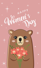 Cute bear holding bouquet. Funny animal. Happy Women's Day.