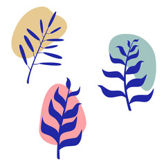 Collection of leaves and shapes. Pastel pallete color. Plants for cards, covers, pattern, wallpaper, stories