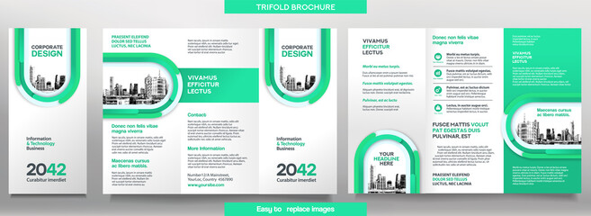 Fototapeta na wymiar Business Brochure Template in Tri Fold Layout. Corporate Design Leaflet with replacable image.