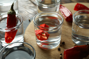 Shots of vodka and pepper on wooden background, close up