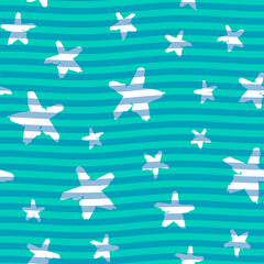 Stars in blue waves seamless pattern. Vector.
