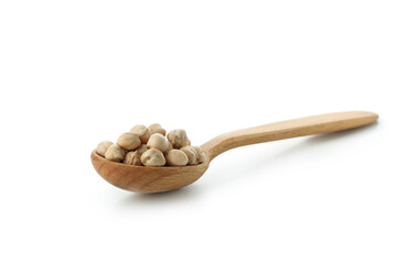 Spoon with fresh chickpea isolated on white background