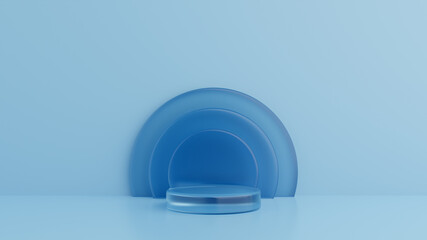 Geometric shapes glass blue, podium on the floor.3d rendering