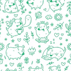 Seamless pattern with cute puppies and plants on white background. Vector wallpaper with funny animals. Spring print with cartoon dogs and flowers.