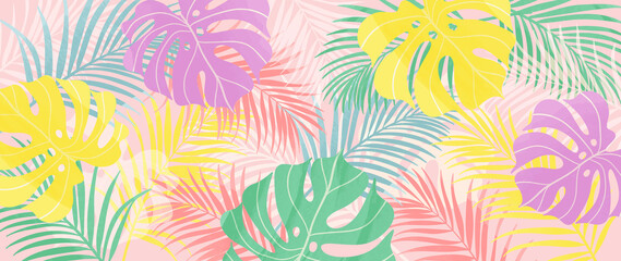 Fototapeta na wymiar Summer tropical background vector. Palm leaves, monstera leaf, Botanical pattern trendy design for wall framed prints, canvas prints, poster, home decor, cover, flower wall arts, wallpaper.