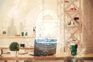 Multi exposure of lock drawing and office interior background. Concept of data security.