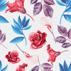 Colourful Seamless Pattern with tropic flowers and leaves. Hi quality fashion design. Fresh and unique botanical background