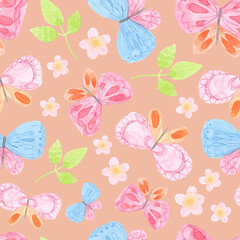 Cute childrens cartoon illustration. Watercolor seamless pattern of butterflies, flowers.