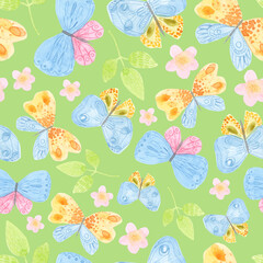 Cute childrens cartoon illustration. Watercolor seamless pattern of butterflies, flowers. On a green background