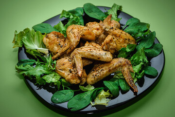 On a black plate chicken wings with herbs and salad on a green background