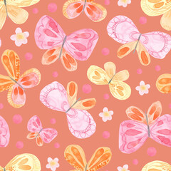 Fototapeta premium Cute childrens cartoon illustration. Watercolor seamless pattern of butterflies, flowers.