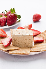 Turron ice cream, with strawberries, made in studio. Asturias, Spain