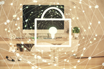 Multi exposure of lock drawing and office interior background. Concept of data security.