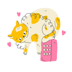 Funny cartoon cat with vintage phone. Modern flat style pet vector illustration