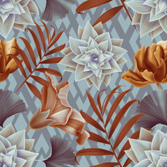 Tropical flowers and leaves seamless pattern. Fashion floral illustration for clothes or walpapper. Jungle style.