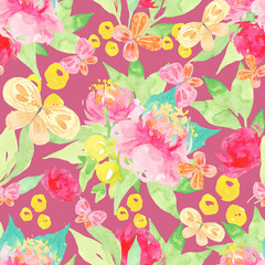 Cute childrens cartoon illustration. Watercolor seamless pattern of butterflies, flowers.