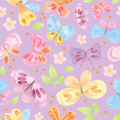 Fototapeta premium Cute childrens cartoon illustration. Watercolor seamless pattern of butterflies, flowers.