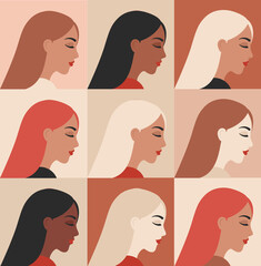 Woman portraits in minimal style set. Collection of Female face profile. Trendy modern Girl avatars - 416490215