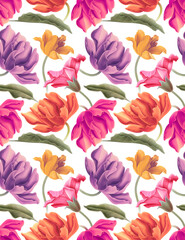 Tropical flowers and leaves seamless pattern. Fashion floral illustration for clothes or walpapper. Jungle style.