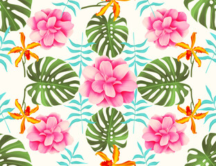 Tropical flowers and leaves seamless pattern. Fashion floral illustration for clothes or walpapper. Jungle style.