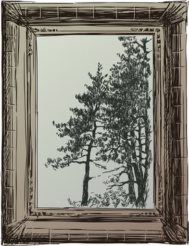 Vector image of sketches fir trees in a picture frame