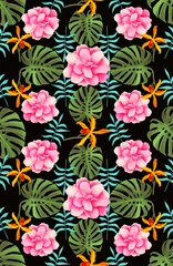Fotobehang Tropical flowers and leaves seamless pattern. Fashion floral illustration for clothes or walpapper. Jungle style. © Natalia @themishaart
