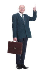 confident business man with a briefcase looking at you.