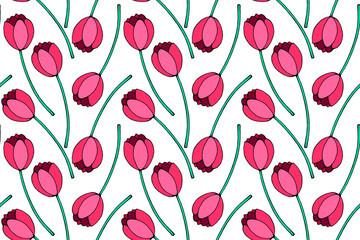 Vector seamless pattern with red tulip flowers. Hand drawn doodle spring texture, background. For wrapping paper, textile, greeting card, wedding, birthday, mother's or women's or Valentine's Day