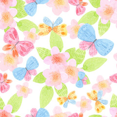 Cute childrens cartoon illustration. Watercolor seamless pattern of butterflies, flowers. On a white background