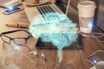 Double exposure of brain theme drawing and cell phone background. Concept of information