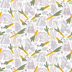 Cute doodle sketch seamless pattern bunnies, rabbits, easter eggs, flowers. Happy Easter collection in vector. Design in cartoon style. Perfect for holiday decoration and spring greeting cards. 