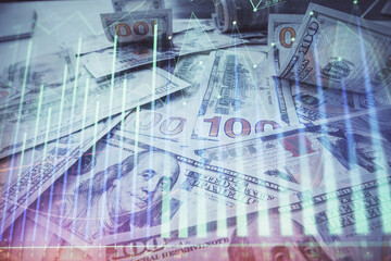 Multi exposure of forex chart drawing over us dollars bill background. Concept of financial success markets.