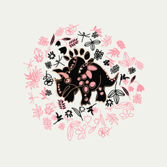 illustration with dinosaur and flowers