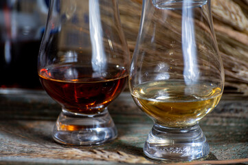 Glasses of scotch whisky served in bar in Edinburgh, Scotland, UK