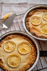 lemon cheesecake, fresh homemade cakes in a form on a light background