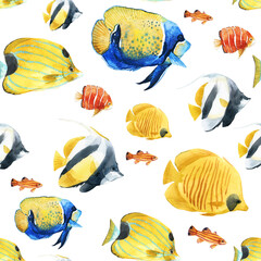 Naklejki  Piękny bezszwowe podwodne wzór z ładny akwarela kolorowe ryby. Ilustracji.